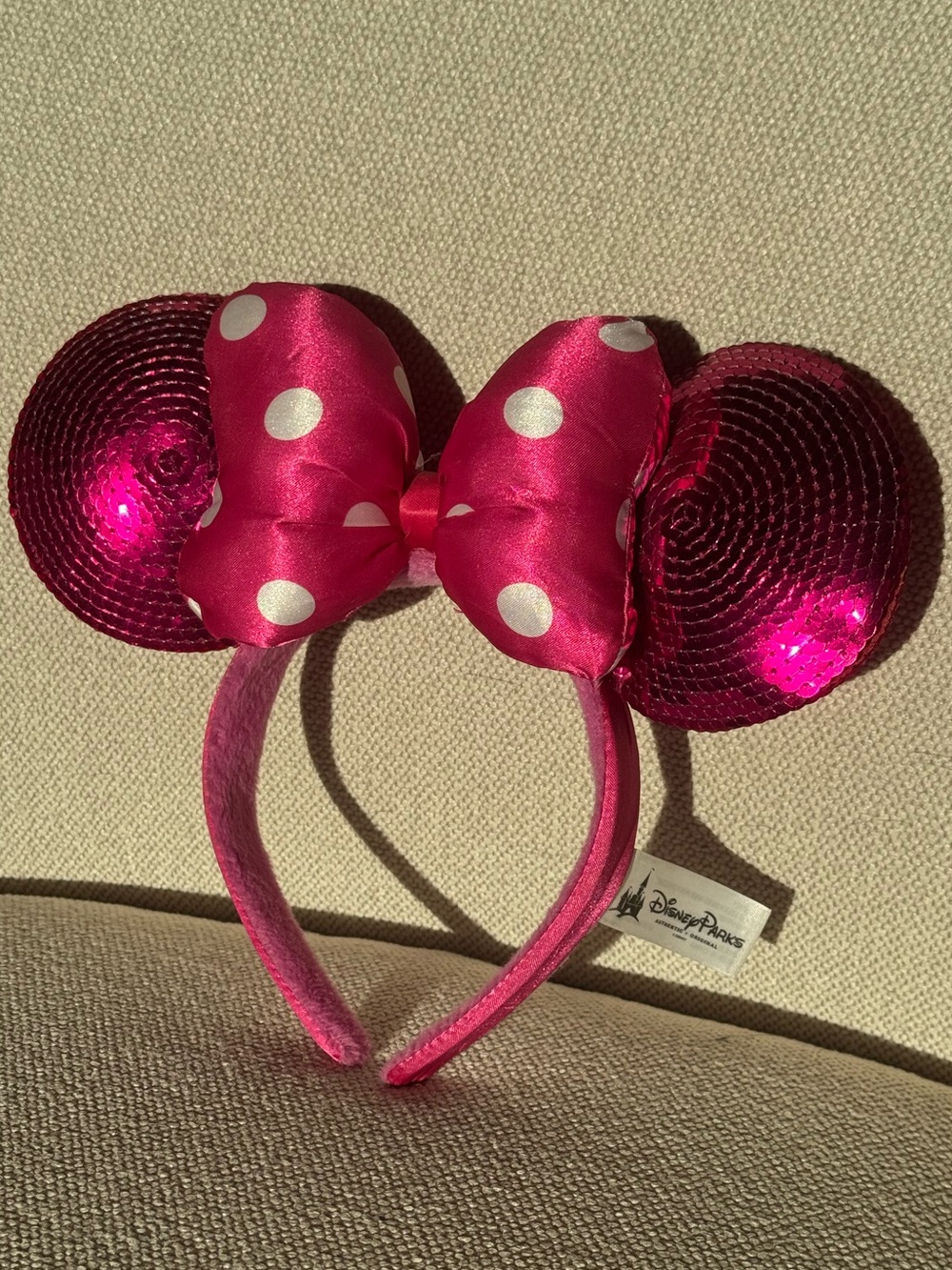 Disney Hot Pink Sequin Minnie Ears with Polka Dot Bow